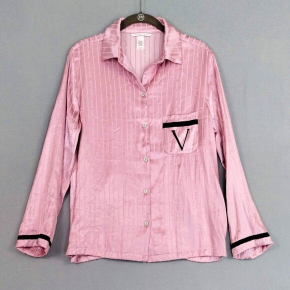 Victorias Secret Satin Pajama Top Logo Front Long Sleeve Button Down Pink Size S - Picture 1 of 9